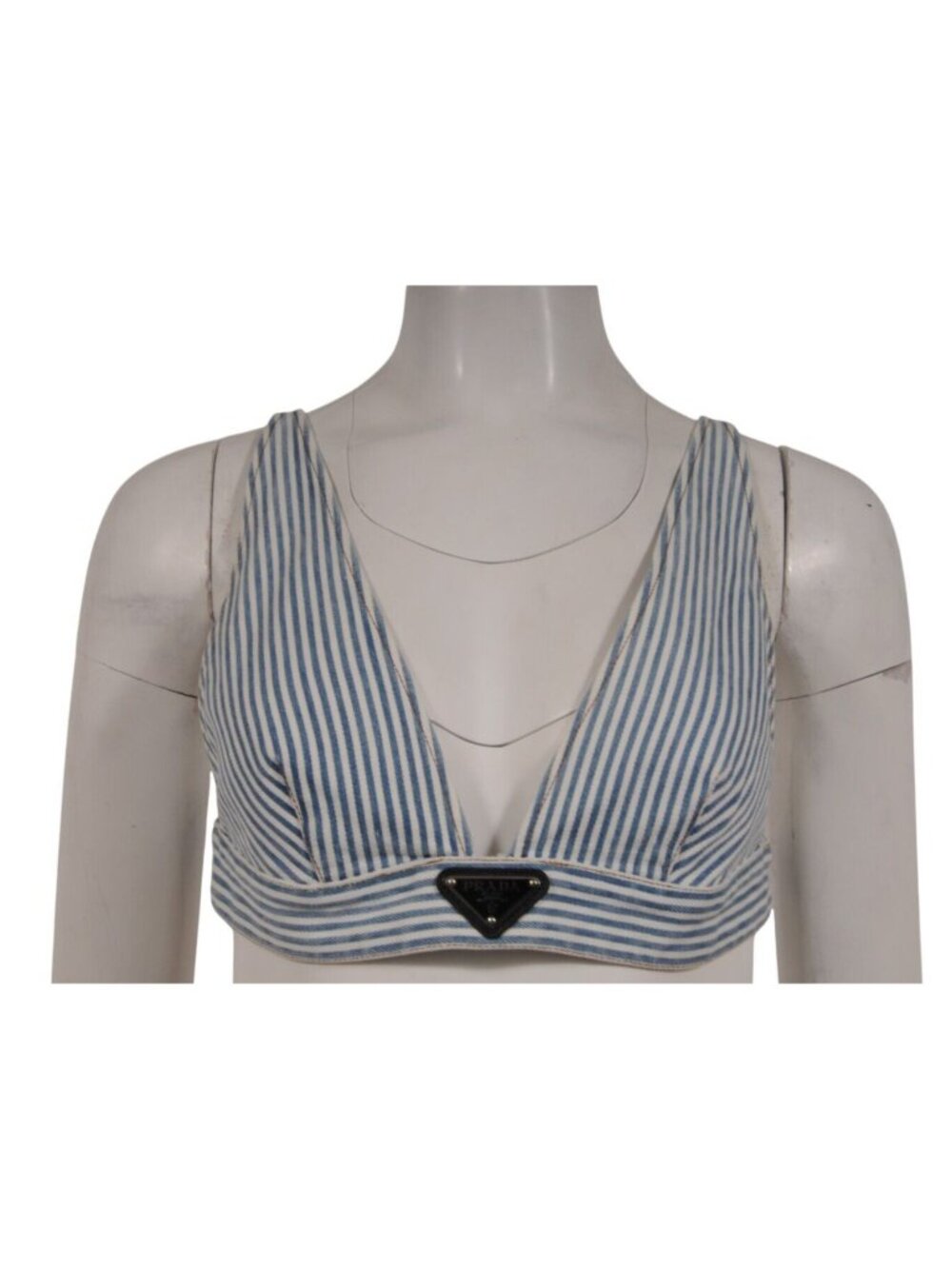 Prada Women Striped Denim Top Bralette Bra Size M Logo Plaque White Blue